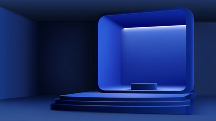 3d dark blue stand booth for presentation event mockup. Vector promotional blank wall in room display for exhibition with table or podium. Empty expo business cube corner kiosk retail background set 