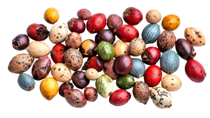 Collection of colorful bird eggs isolated on transparent background