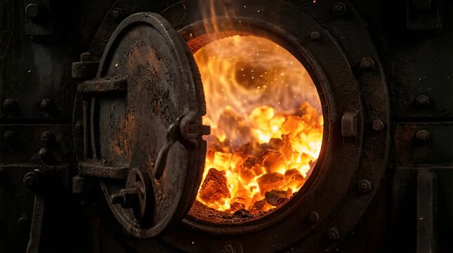 Close Up of Fiery Furnace with Cast Iron Door Orange Flames and Intense Heat Glowing Coals Dark Industrial Setting