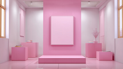 3d pink stand booth for presentation event mockup. Vector promotional blank wall in room display for exhibition with table or podium. Empty expo business cube corner kiosk retail background set