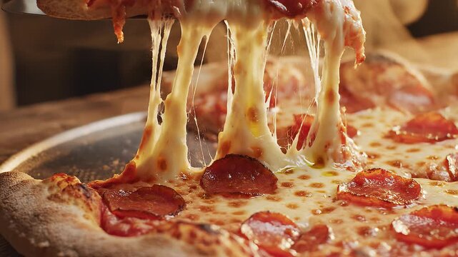 Irresistible hot pepperoni pizza slice being lifted, showcasing deliciously melted, stringy cheese stretching from the golden crust