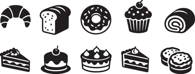Various baked goods icons including bread croissant cake donut and sweet pastries