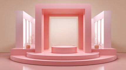 3d pink stand booth for presentation event mockup. Vector promotional blank wall in room display for exhibition with table or podium. Empty expo business cube corner kiosk retail background set