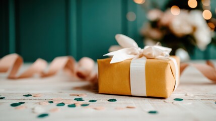A charmingly wrapped gift box adorned with a fluffy ribbon, ideal for special occasions, expressing love and thoughtfulness during festive celebrations and personal milestones.