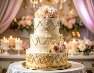 vintage glam wedding cake with pearls and flowers
