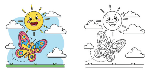 Cute Butterfly and Smiling Sun Cartoon Illustration for Kids with Coloring Page Version - Educational Activity Sheet and Line Art Template for Children's Creativity and Fun (181 characters)