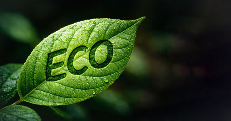 Green leaf with ECO symbol on a dark blurred nature background