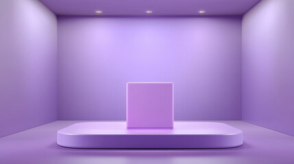 3d purple stand booth for presentation event mockup. Vector promotional blank wall in room display for exhibition with table or podium. Empty expo business cube corner kiosk retail background set