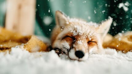 Fototapeta premium A peaceful fox sleeping amidst snow, illustrating the beauty of nature and tranquility in a serene winter setting.