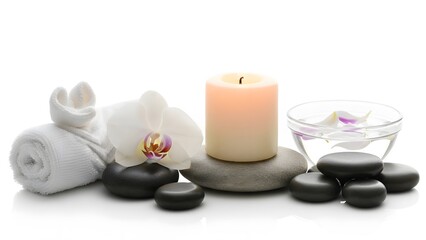 An inviting spa arrangement that evokes a sense of peace and harmony. Featuring essential elements such as natural stones, a burning candle, delicate flower, and a fresh white towel.
