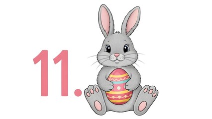 Obraz premium A charming cartoon of an Easter bunny, cradling a colorful egg, accompanied by a numerical 11, creates a playful and delightful spring scene.