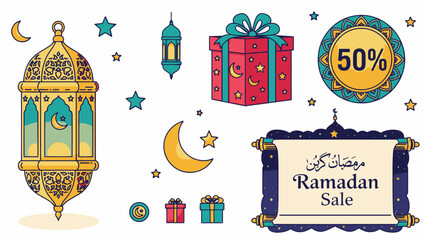 Fototapeta premium Ramadan Sale Banner with Lantern and Gifts.