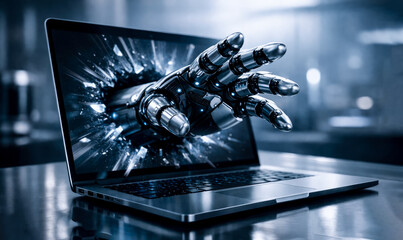 Robotic or Cyborg Hand emerging from a futuristic Laptop on a modern work space background.
