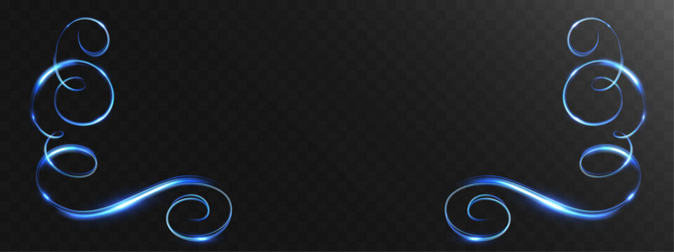 Symmetrical blue glowing light frame with smooth swirling lines forming an elegant decorative border on a transparent background.