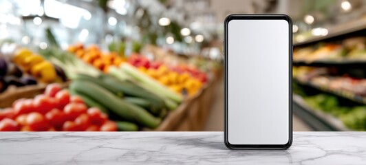 The Smartphone on Marble Countertop in Supermarket with Blank Screen for Mockup