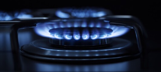 The gas stove burner with blue flames in a dark modern kitchen