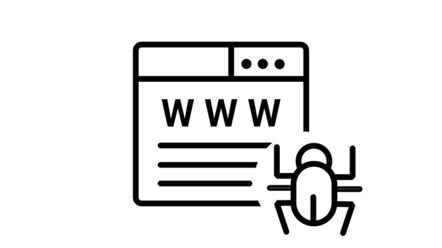 Virus web motion icon. Website browser window with bug icon representing software debugging malware detection and internet security vulnerability.