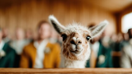 Obraz premium A llama curiously peering forward while seated among elegantly dressed guests at a ceremony, adding a whimsical touch to the elegant event atmosphere.
