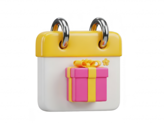 White and yellow plastic toy safe with pink gift box on front isolated on transparent background