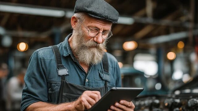 Focused Senior Mechanic Checking Engine Specs in Workshop