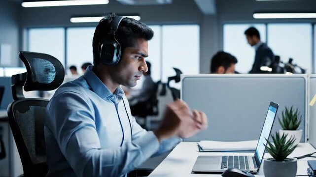 Young adult man working on laptop in modern office, putting on and using headphones for focused work or call center support