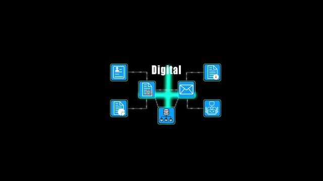 Modern digital data transfer concept illustrating the interconnection between cloud storage, AI chatbot, secure databases, and global communication network systems.
