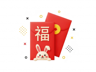 Two red envelopes with a bunny and chinese characters on a transparent background