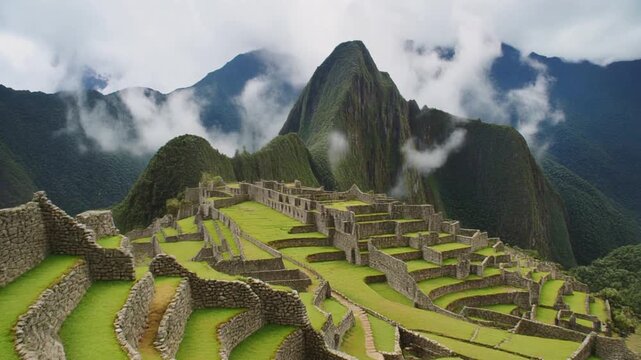 Ancient Inca Citadel Machu Picchu Terraces Lush Green Mountains Misty Clouds Over Andes Peaks Sacred Site Peru South America Historical Landmark U N E S C O World Heritage Site Iconic Destination