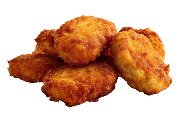 Pile of golden brown crispy fried chicken nuggets on black background food