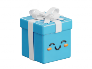 A blue gift box with a smiley face and a white ribbon on transparent background
