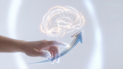 Hand reaching towards glowing brain with upward arrow symbolizes concept of growth mindset and personal development. image conveys innovation and progress
