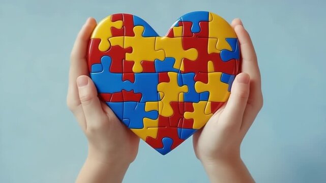 Multicolor puzzle heart in autistic kid's hands, over blue sky. World Autism Awareness Day, symbolic image with copy space.