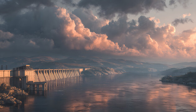 Massive hydro power plant dam on river at sunset with clouds in sky and water flowing forcefully creating energy and electricity for modern world sustainability and clean future