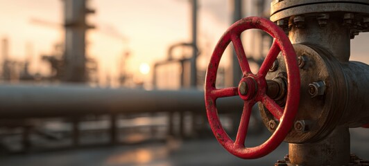 The Valve Wheel of a Rusty Pipeline at Sunset in an Industrial Refinery
