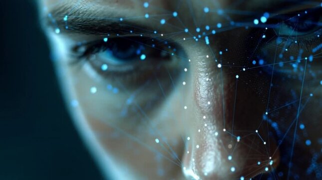 Cybernetic Consciousness A close-up of a human face adorned with glowing blue data points, symbolizing the intricate merger of mind and advanced digital networks