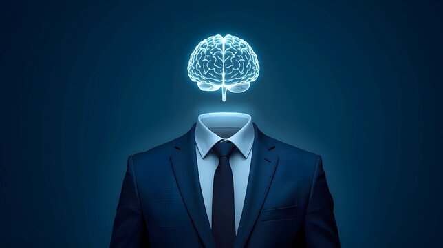 A digital art piece showing a torso in a navy business suit with a glowing, blue, translucent brain hovering above the collar against a dark blue background.