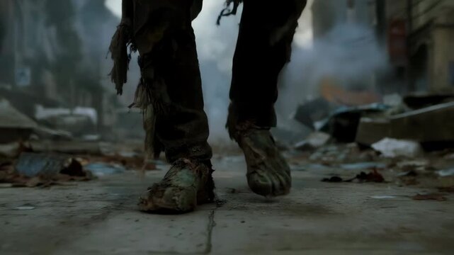 An undead zombie walking on a destroyed street. Horror concept.