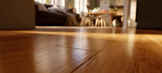 The Wooden Floor Gleaming with Sunlight in a Cozy Modern Living Room