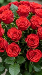 Obraz premium Stunning bouquet of fresh deep red roses with green leaves for valentines day anniversary and romantic gift concepts