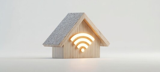 The Wooden House Emitting a Glowing WiFi Signal Representing Smart Home Connectivity