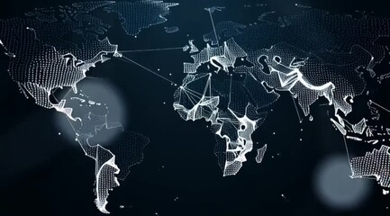 Abstract digital world map composed of glowing white particles and connecting lines against a dark blue background symbolizes complex worldwide technological networks data exchange and global intercon - Powered by Adobe