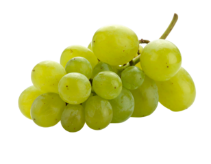 A cluster of ripe, green grapes with a slight sheen against a black background