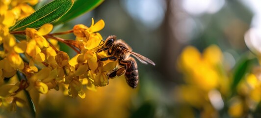 The Bee collecting nectar on bright yellow spring flowers in soft bokeh light