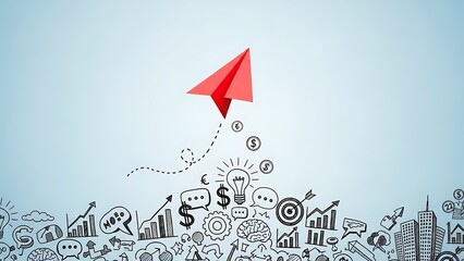 Red paper airplane flying over business finance doodles on blue background dollar signs light bulb