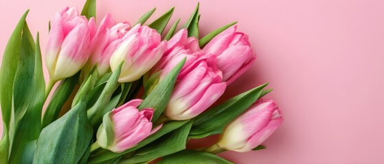 The Tulips Laid on Pastel Pink Background for Spring Floral Concept
