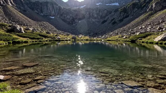 Close-up Tarn Surface Twinkle A detailed close-up shot of the tarn's pristine water surface, focusing on the intricate patterns of wind-driven ripples. Sunlight dances on these ripples, creating