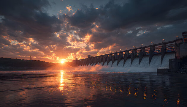 Massive hydro power plant dam on river at sunset with clouds in sky and water flowing forcefully creating energy and electricity for modern world sustainability and clean future