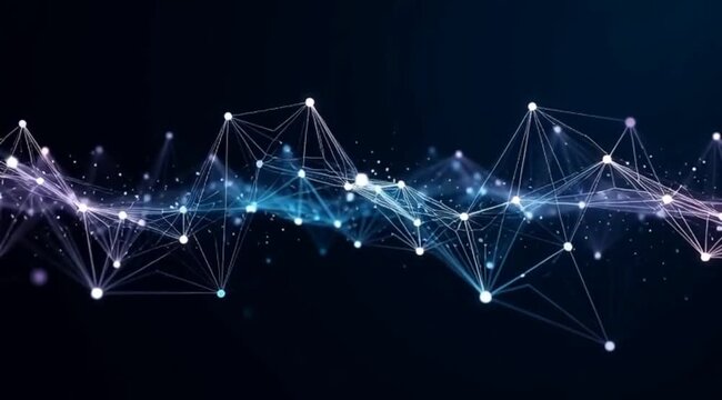 Abstract digital mesh network with glowing white and blue nodes connected by fine lines pulses across a dark background suggesting concepts of big data artificial intelligence blockchain and complex s