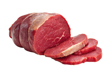 Fototapeta premium Raw beef roast with three sliced pieces on black background meat fresh