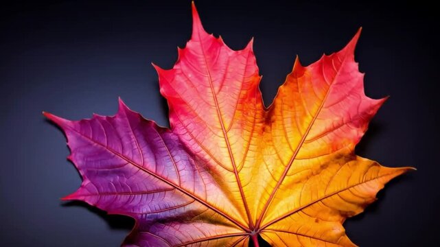 Colorful autumn maple leaf with vibrant hues against dark background